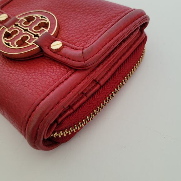 Tory Burch Amanda Leather Trifold Zip Around Medium Red Card Bill Wallet Compact - Picture 9 of 10